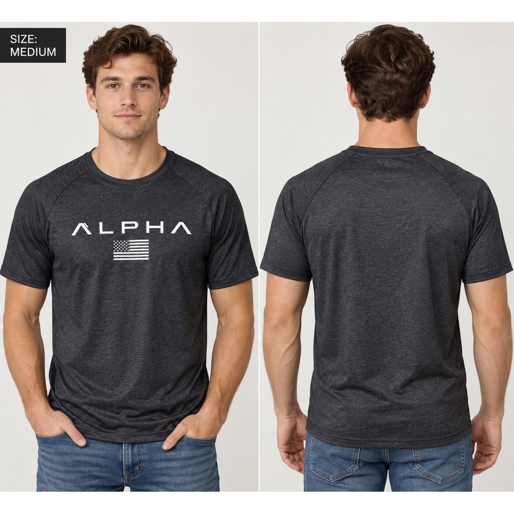 Alpha Men's M Athletic Shirt USA Flag Gray Performance Gym Workout T-Shirt -3759